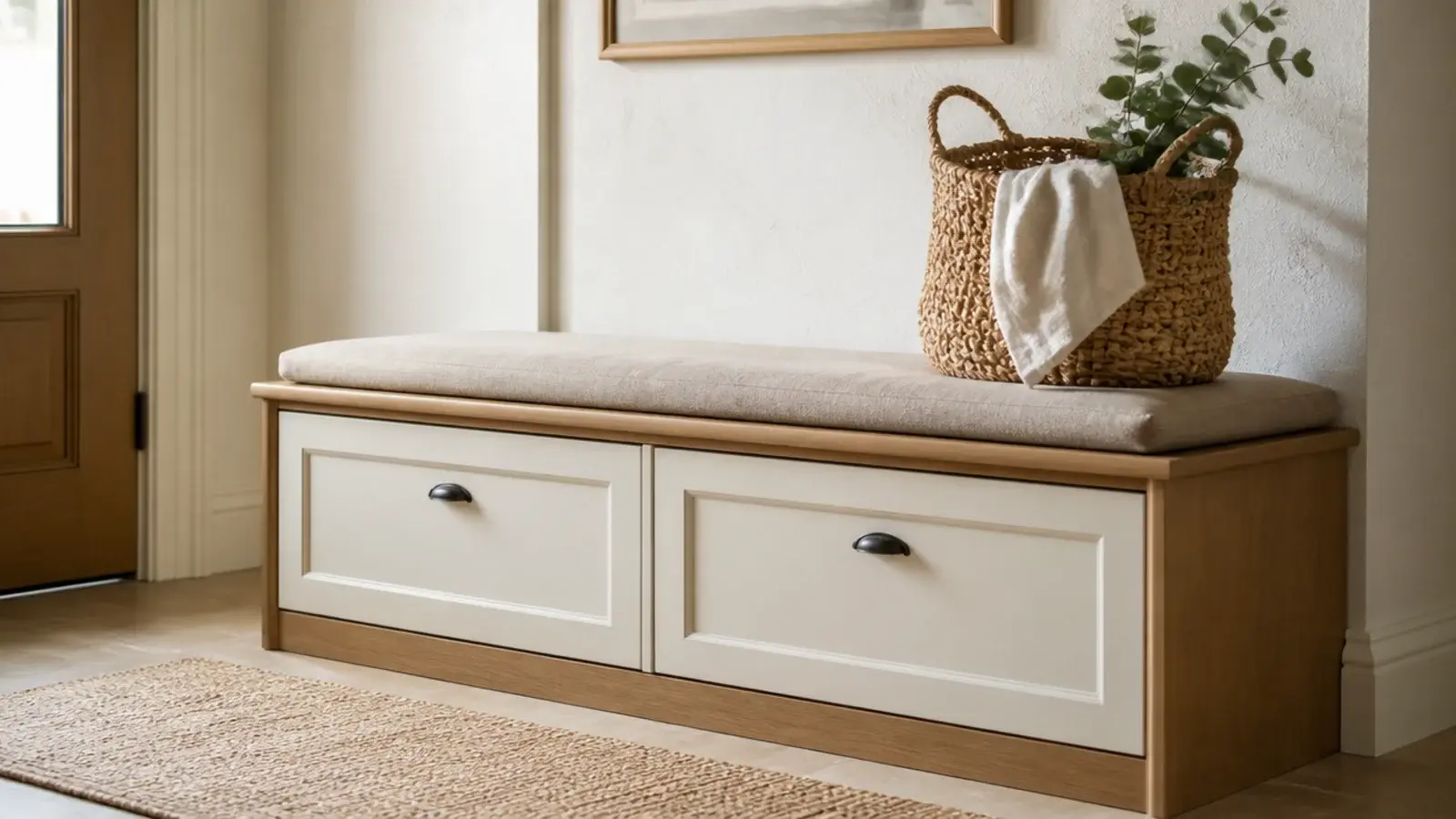 oak topped bench cabinet with tilt out shoe drawers below the seat