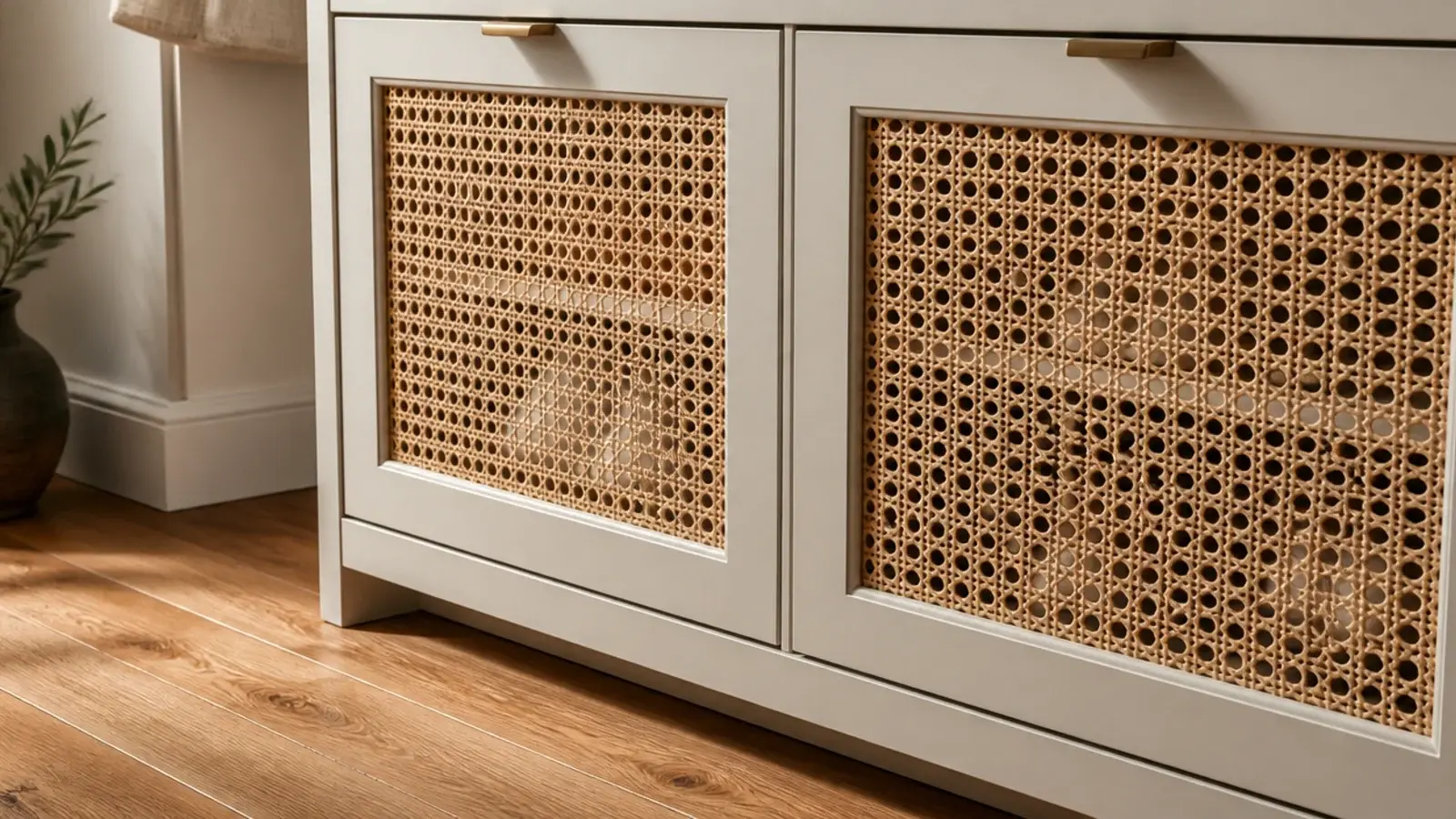 cane webbing fronted shoe cabinet in a hallway letting air through