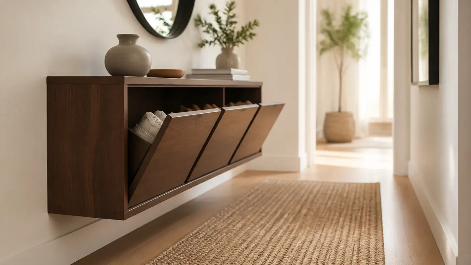 wall hung tilt out shoe cabinet floating above clear hallway floorboards