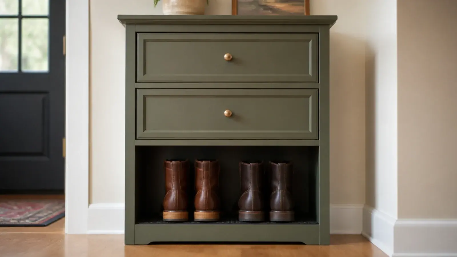shoe cabinet with a tall open boot bay beneath two closed drawers