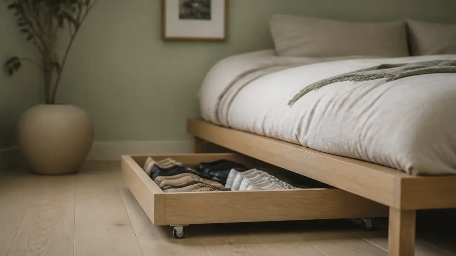 shallow rolling shoe cabinet drawer pulled out from beneath a low bed