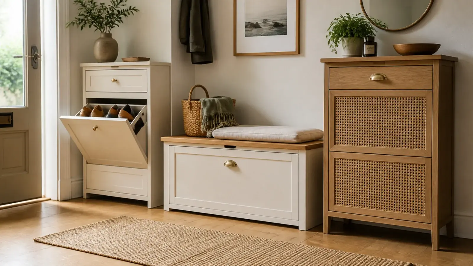 shoe cabinets reviewed side by side in oak painted and cane finishes