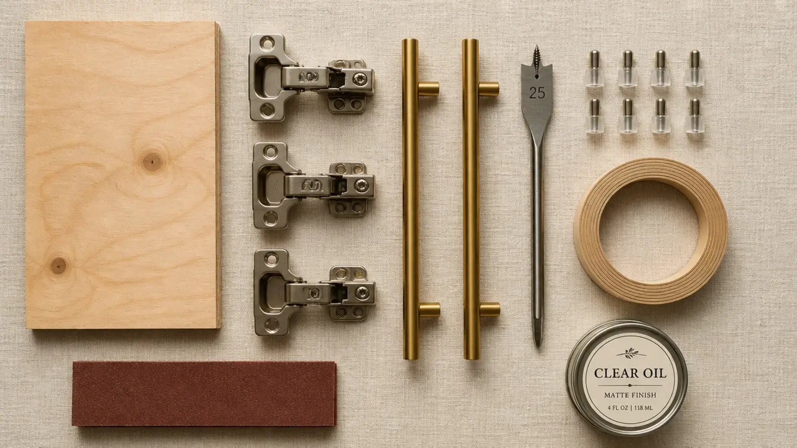 flat lay of tools and hardware for building a wooden shoe cabinet