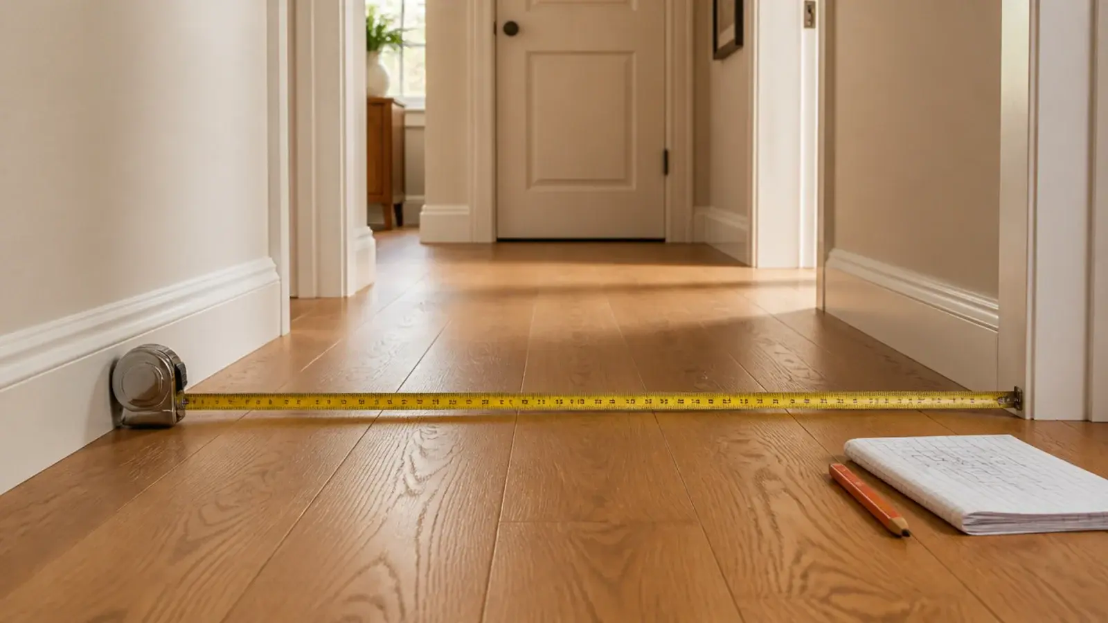 tape measure stretched across a hallway floor to size a shoe cabinet