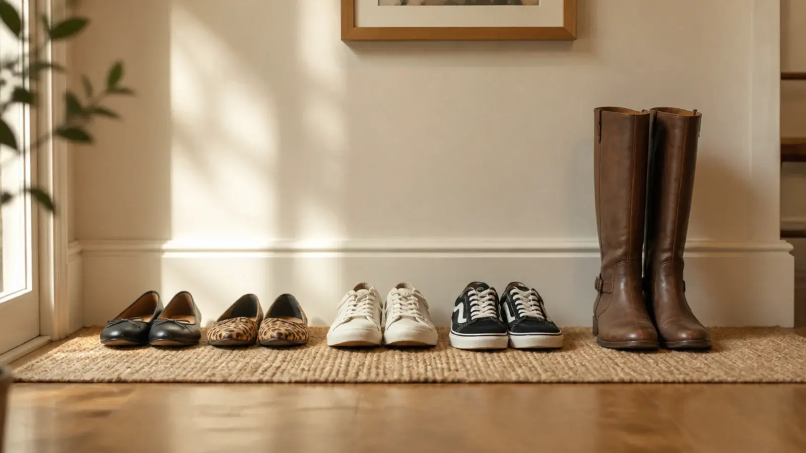 shoes sorted into three groups on a hallway floor before a cabinet build