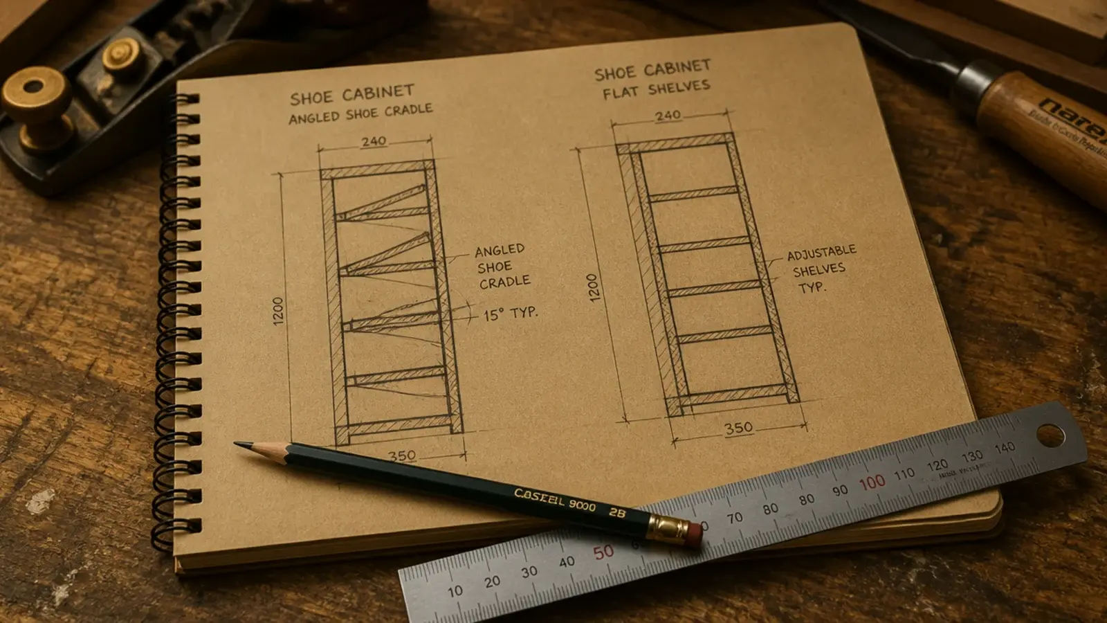 sketch comparing a tilt out cradle and flat shelves for a shoe cabinet