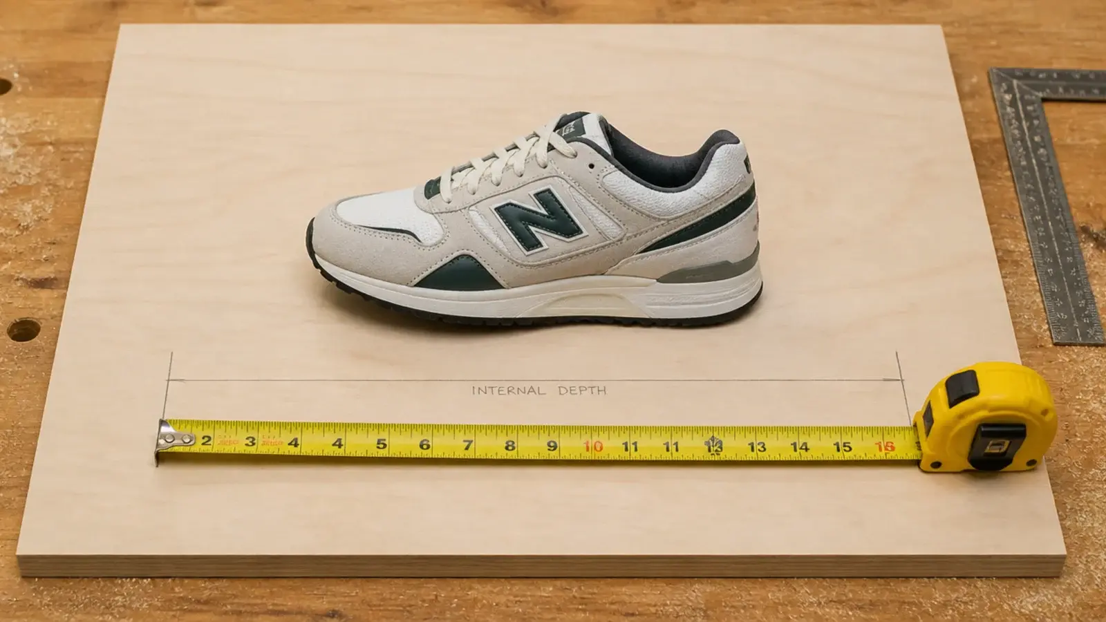 large sneaker measured against a plywood panel marking internal cabinet depth