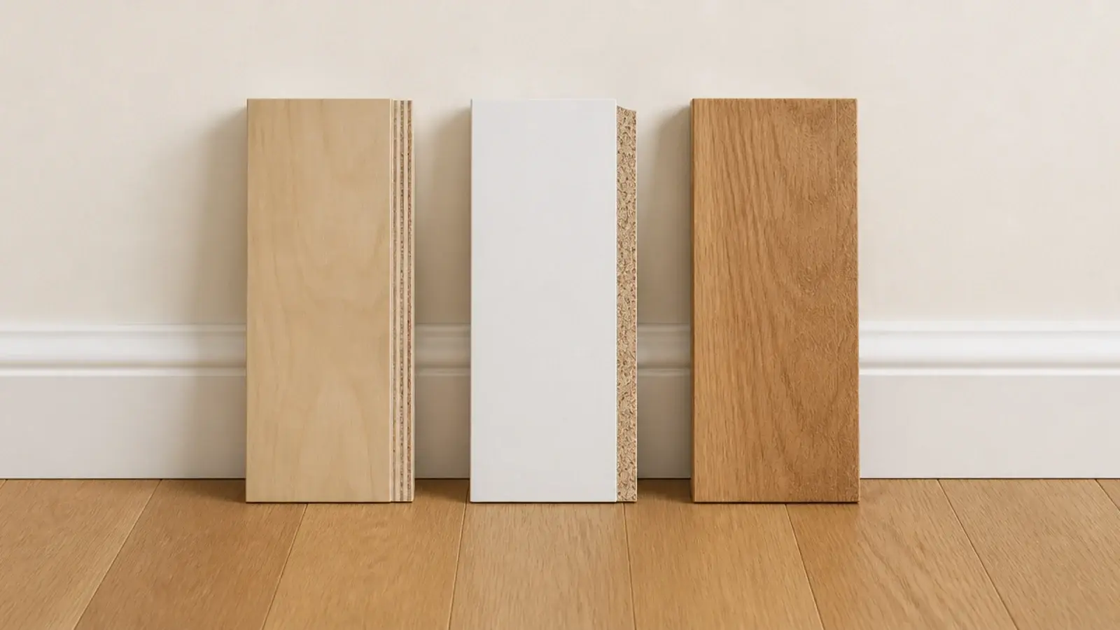 three board samples compared for a wooden shoe cabinet carcass build
