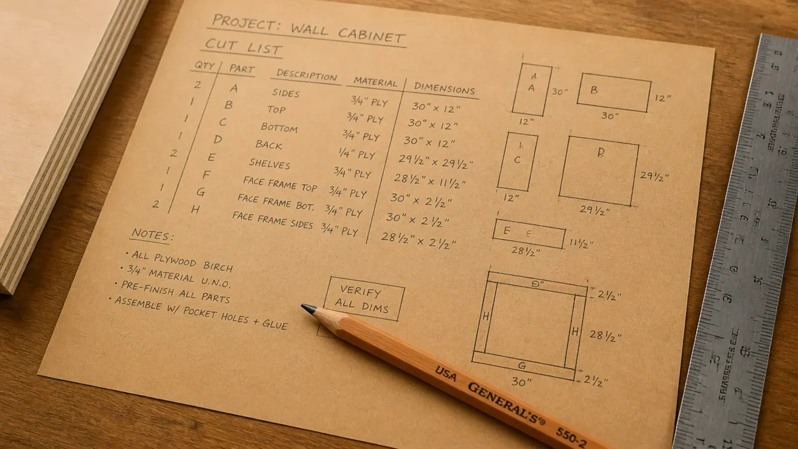 handwritten cut list for a shoe cabinet beside plywood and a pencil