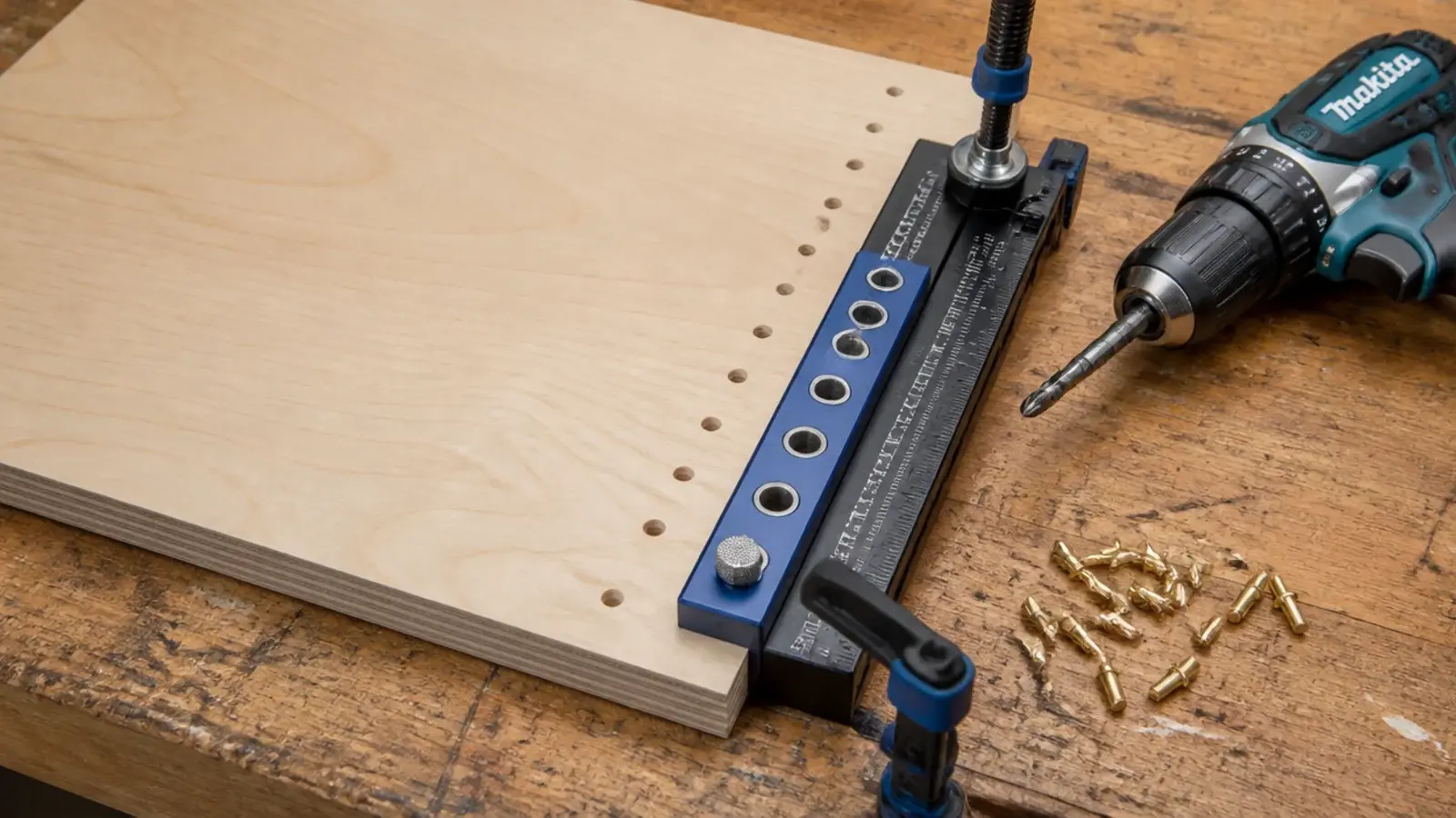 drilling evenly spaced shelf pin holes in a flat shoe cabinet side panel