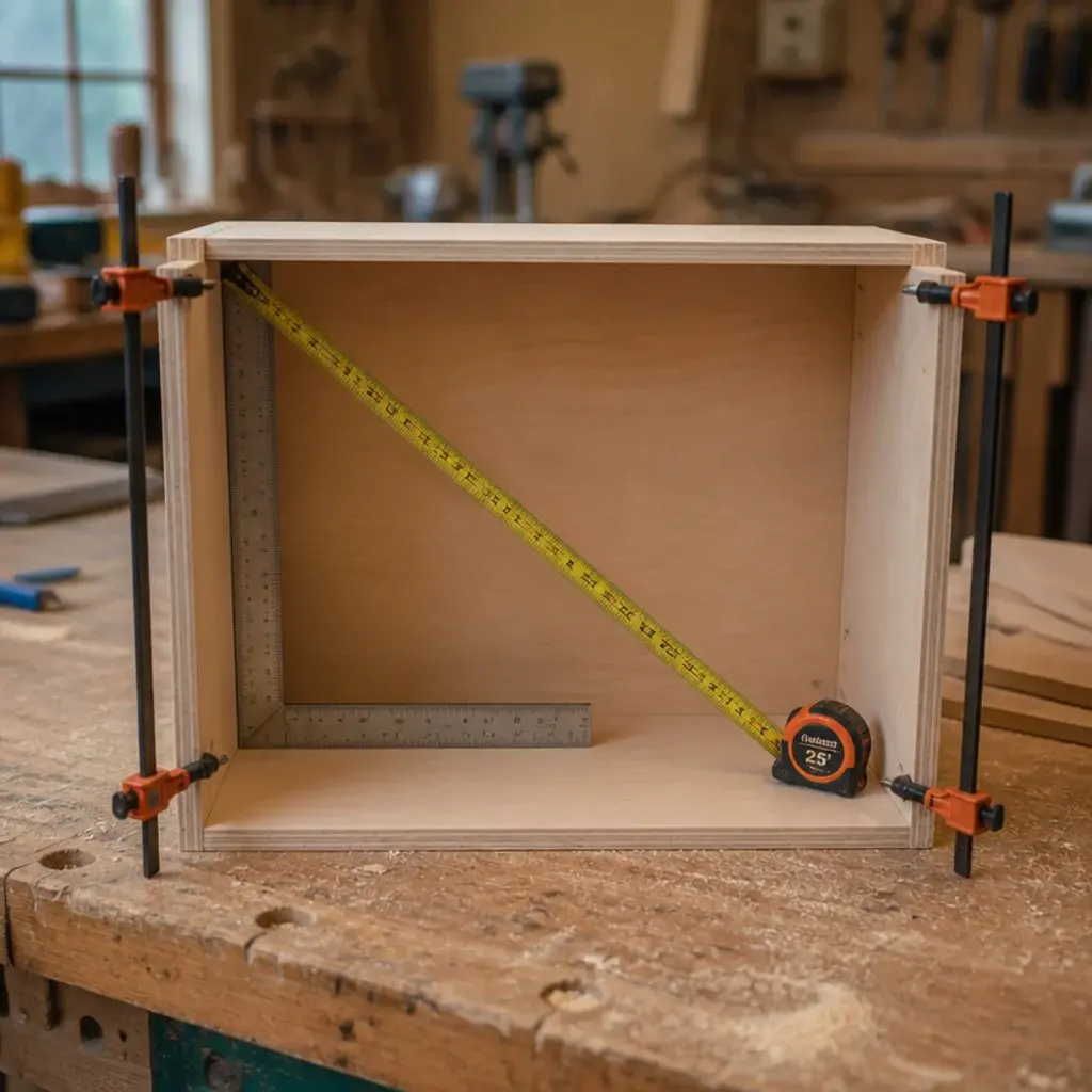 plywood shoe cabinet carcass clamped square during assembly on a bench