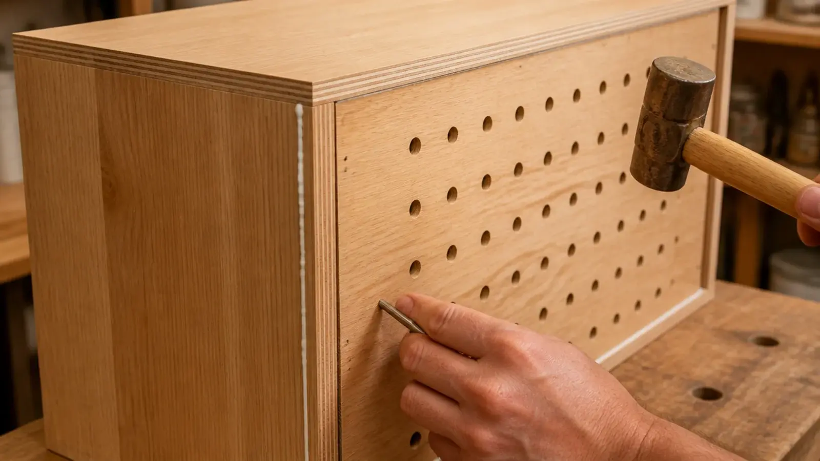 thin back panel being pinned onto a square wooden shoe cabinet carcass