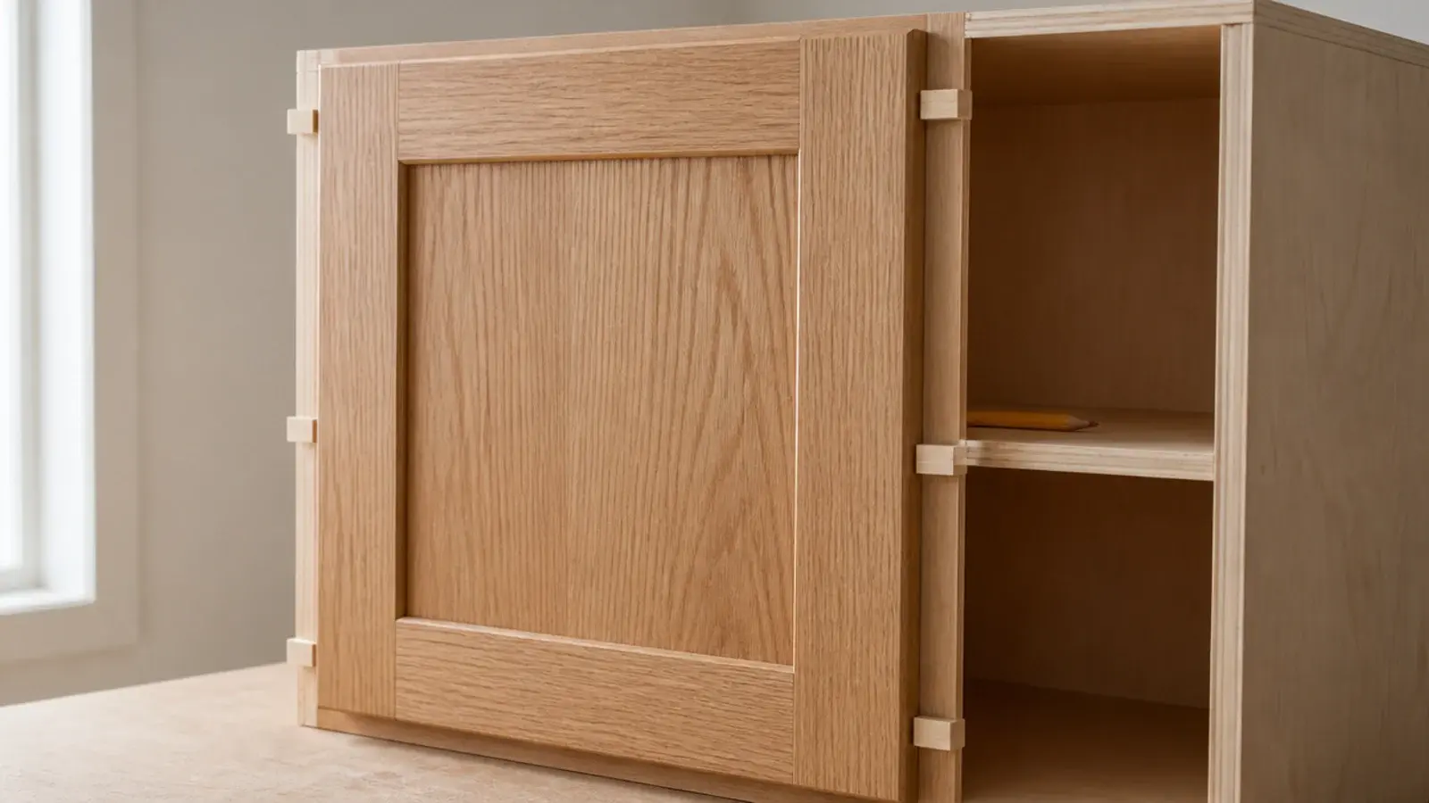 oak door front held against a shoe cabinet carcass to check the reveal