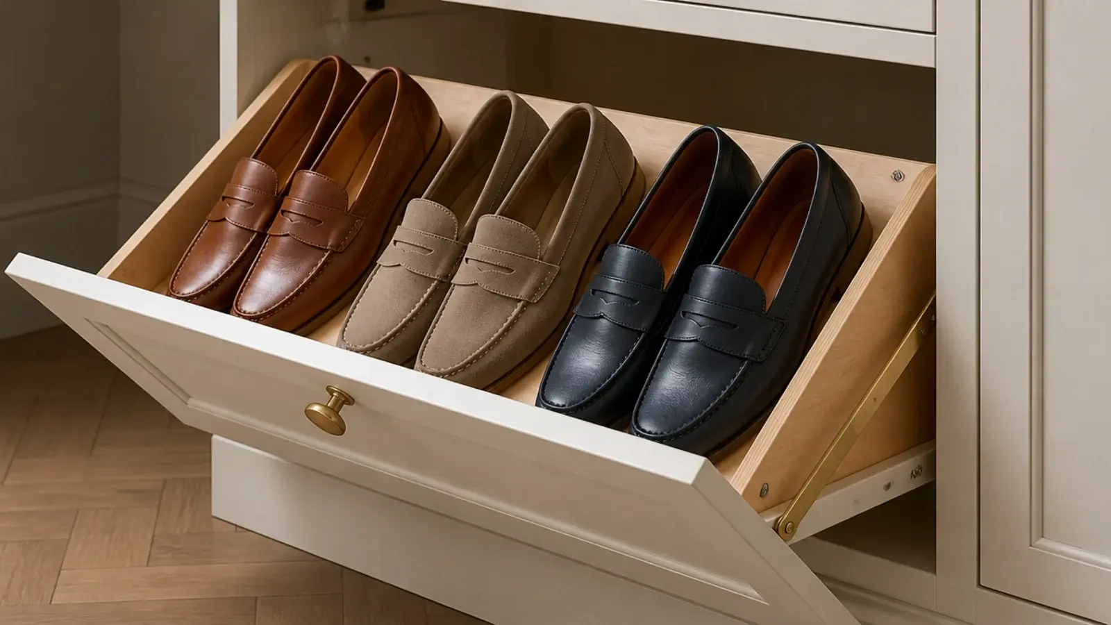 angled plywood cradle inside a tilt out shoe cabinet drawer holding loafers