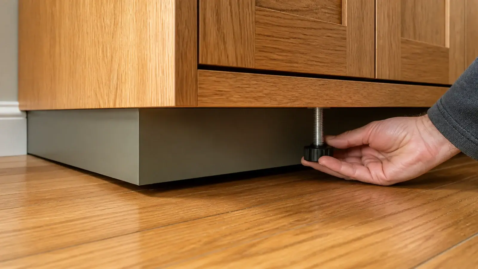 recessed toe kick and adjustable feet under a wooden shoe cabinet base