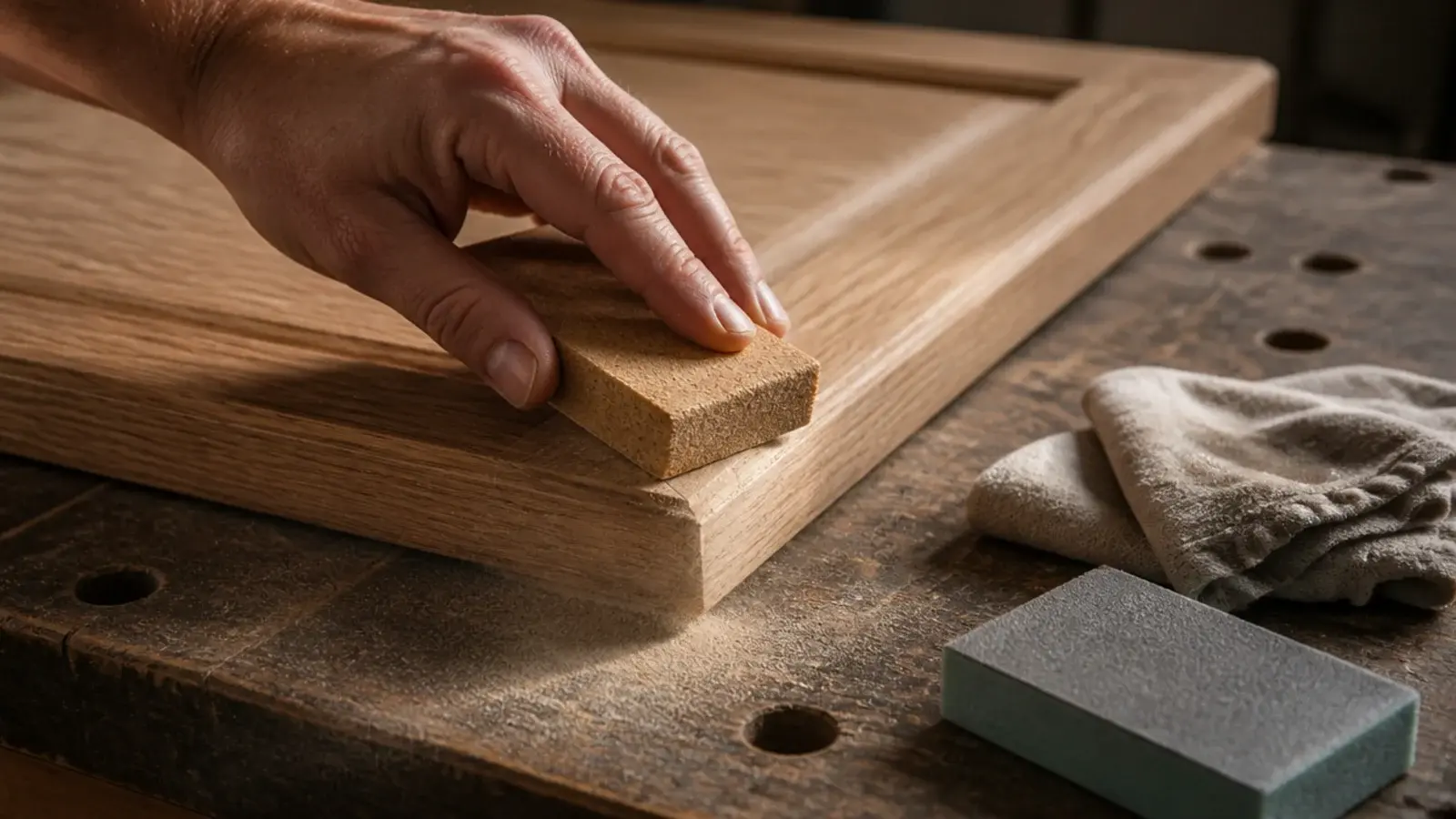 sanding block softening the front edge of an oak shoe cabinet door