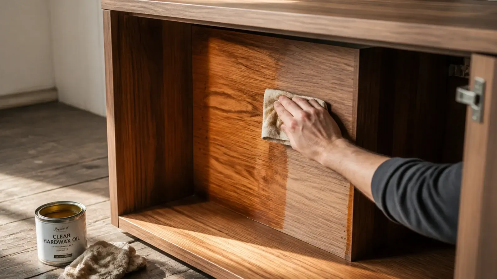 hardwax oil being wiped into the interior of a wooden shoe cabinet