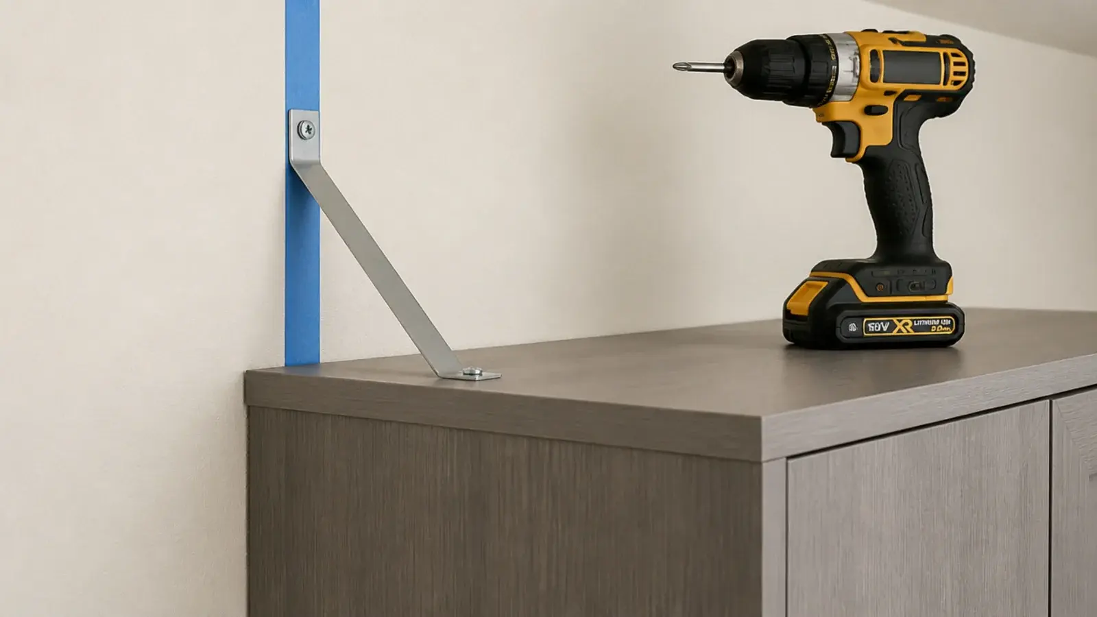 metal safety strap fixing a tall shoe cabinet back to a hallway stud