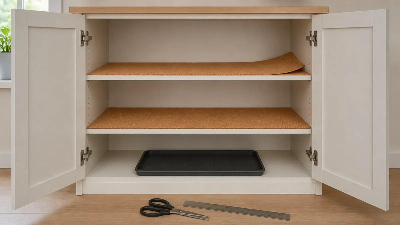cut cork liners being laid into the shelves of a finished shoe cabinet