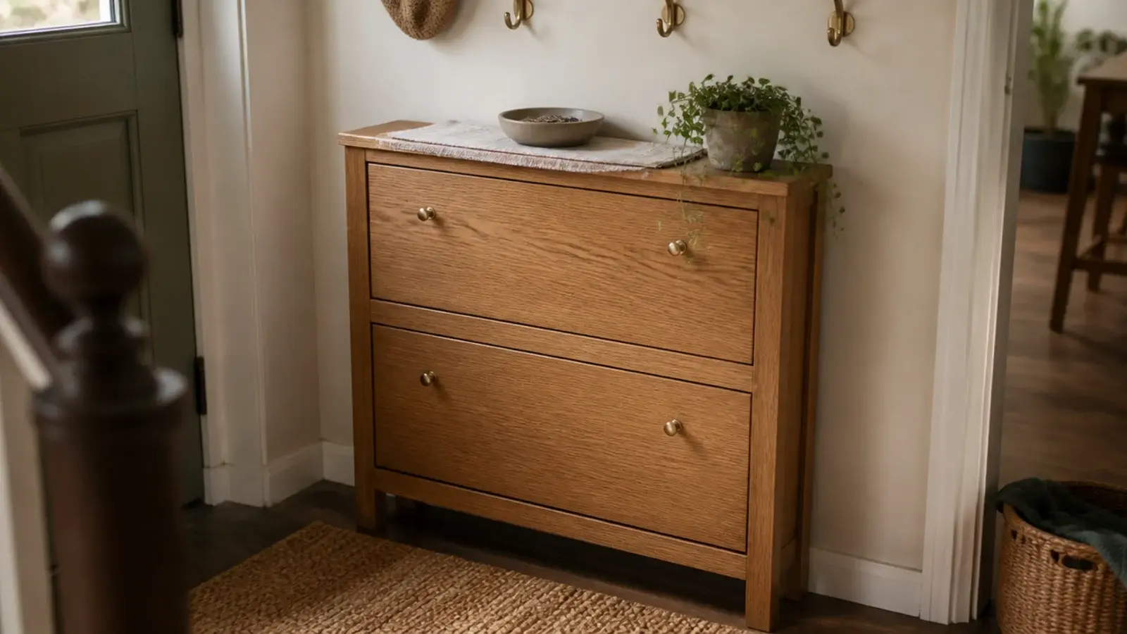 finished wooden shoe cabinet styled with a stoneware bowl and sage plant