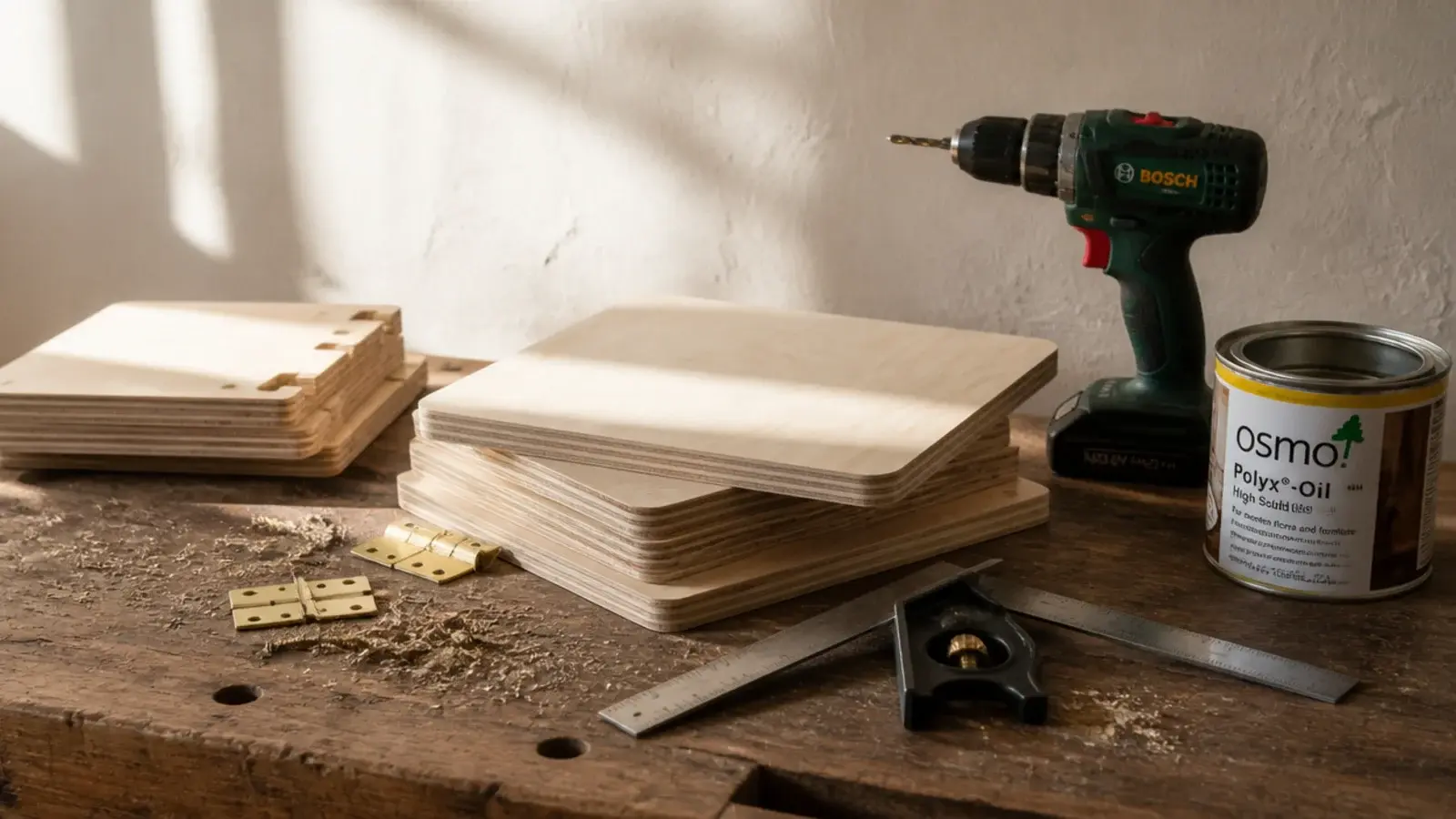 plywood panels and brass hinges laid out for a diy shoe cabinet build