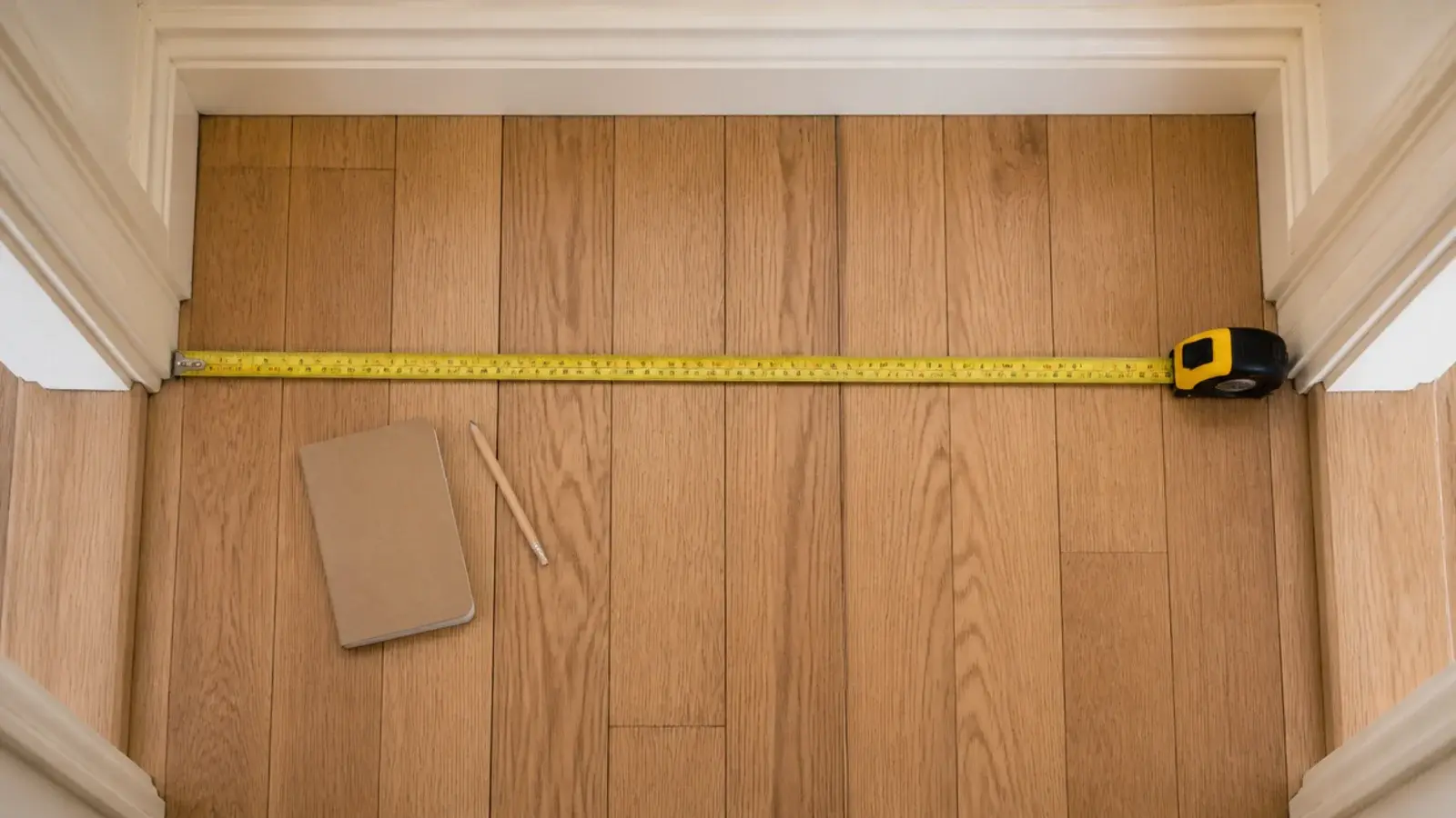 narrow hallway measured for a shallow shoe cabinet with tape and notebook