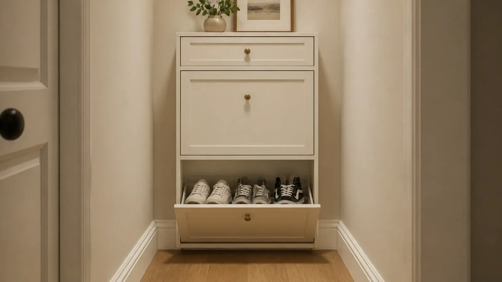 shallow tilt out entryway shoe cabinet with the lower drawer swung open