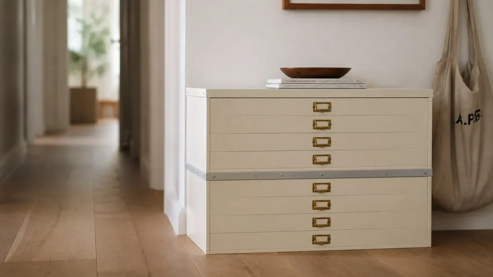 two matching shallow shoe cabinets stacked to make a taller hall unit