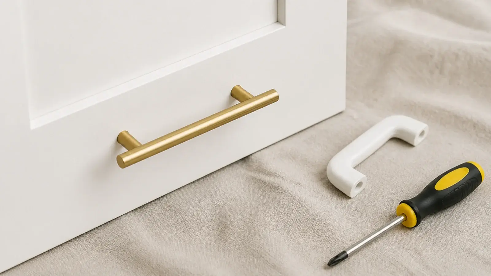 plain white flat pack shoe cabinet fitted with solid brass bar pulls