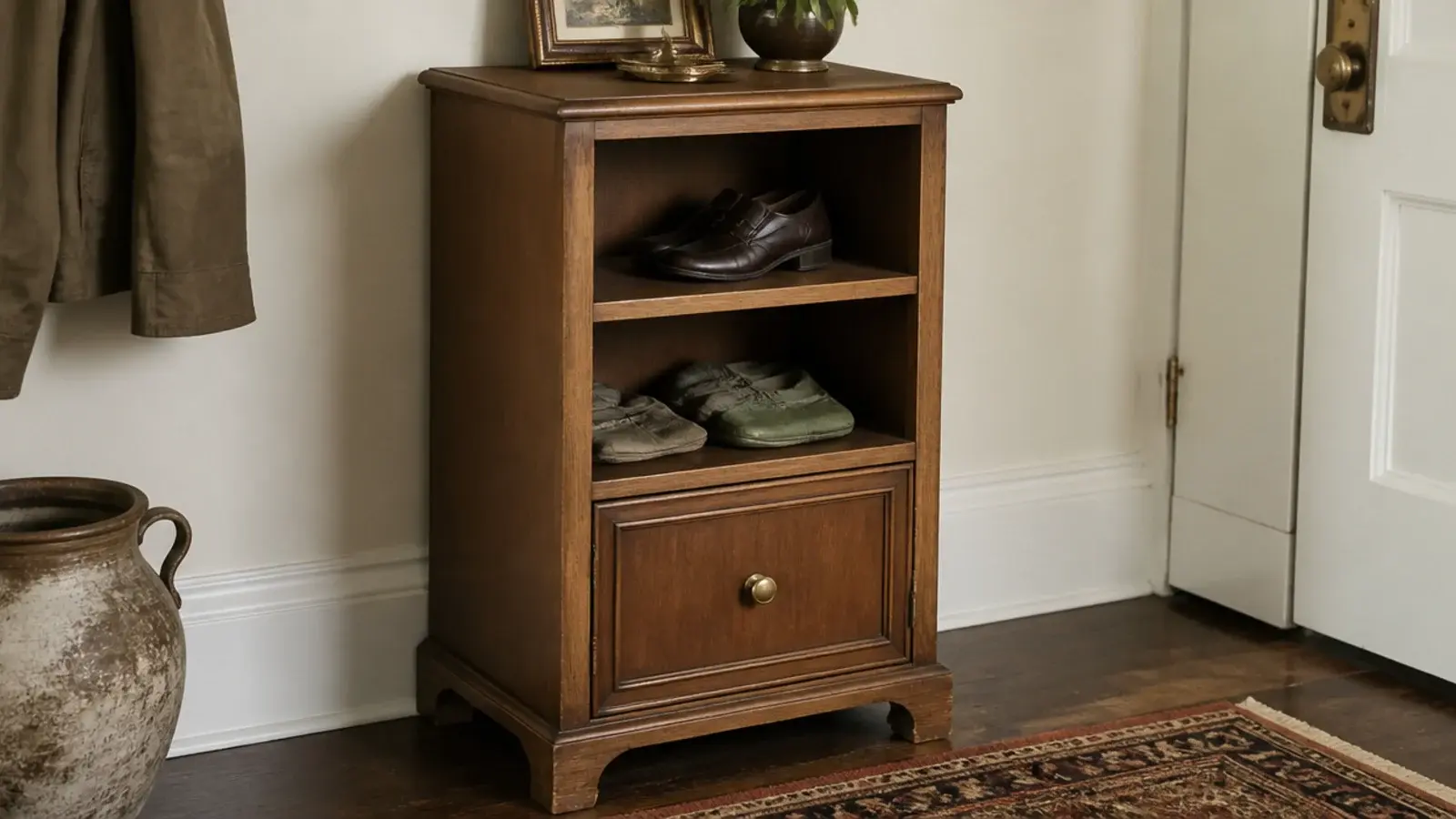 old wooden nightstand converted into an entryway shoe cabinet with shelves