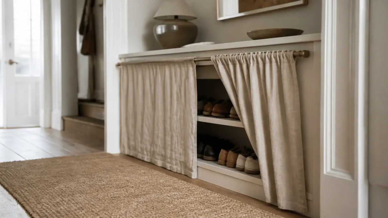 low bookcase fitted with linen curtain fronts hiding entryway shoe storage