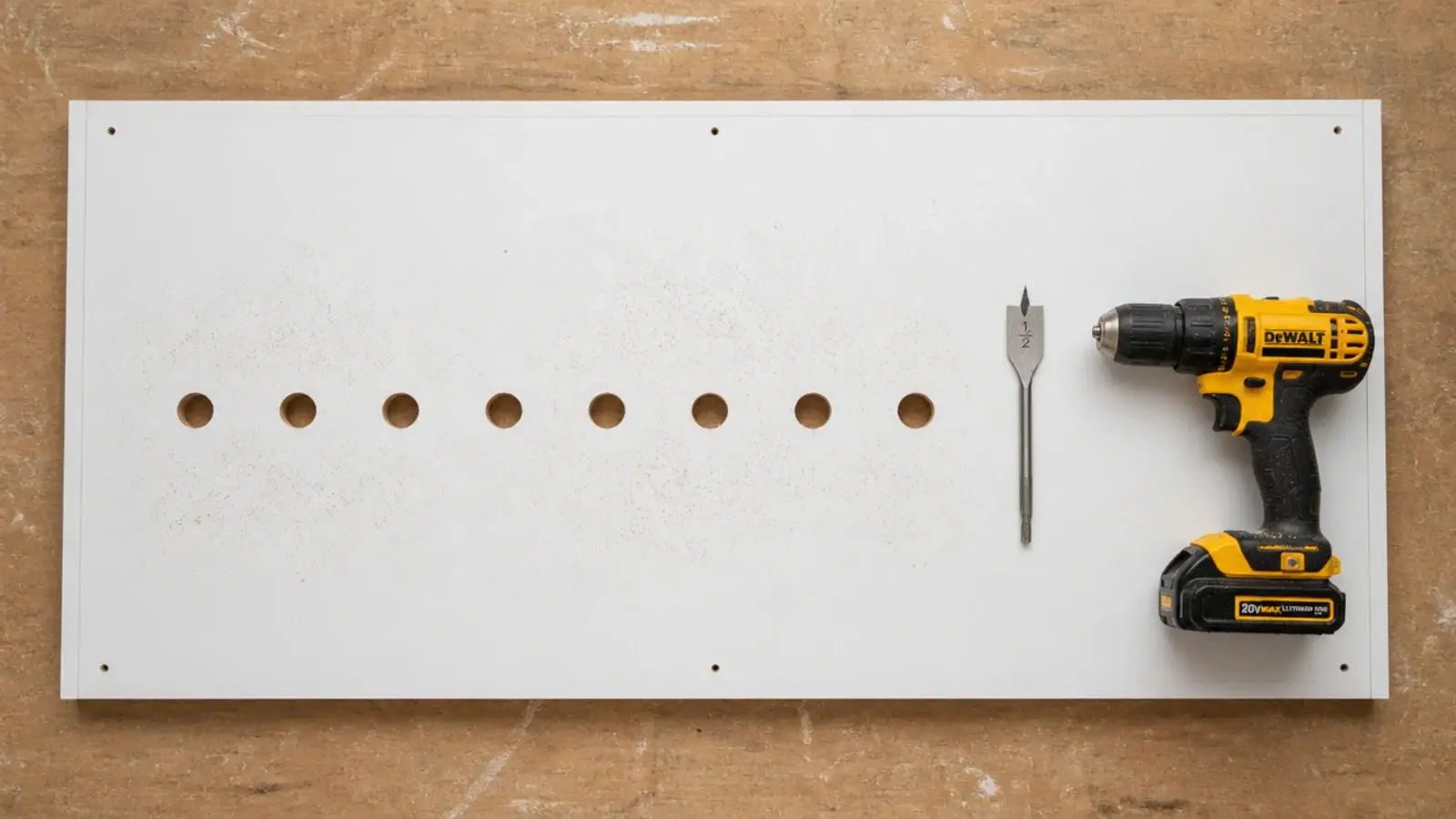 half inch holes drilled through the back panel of a cheap shoe cabinet