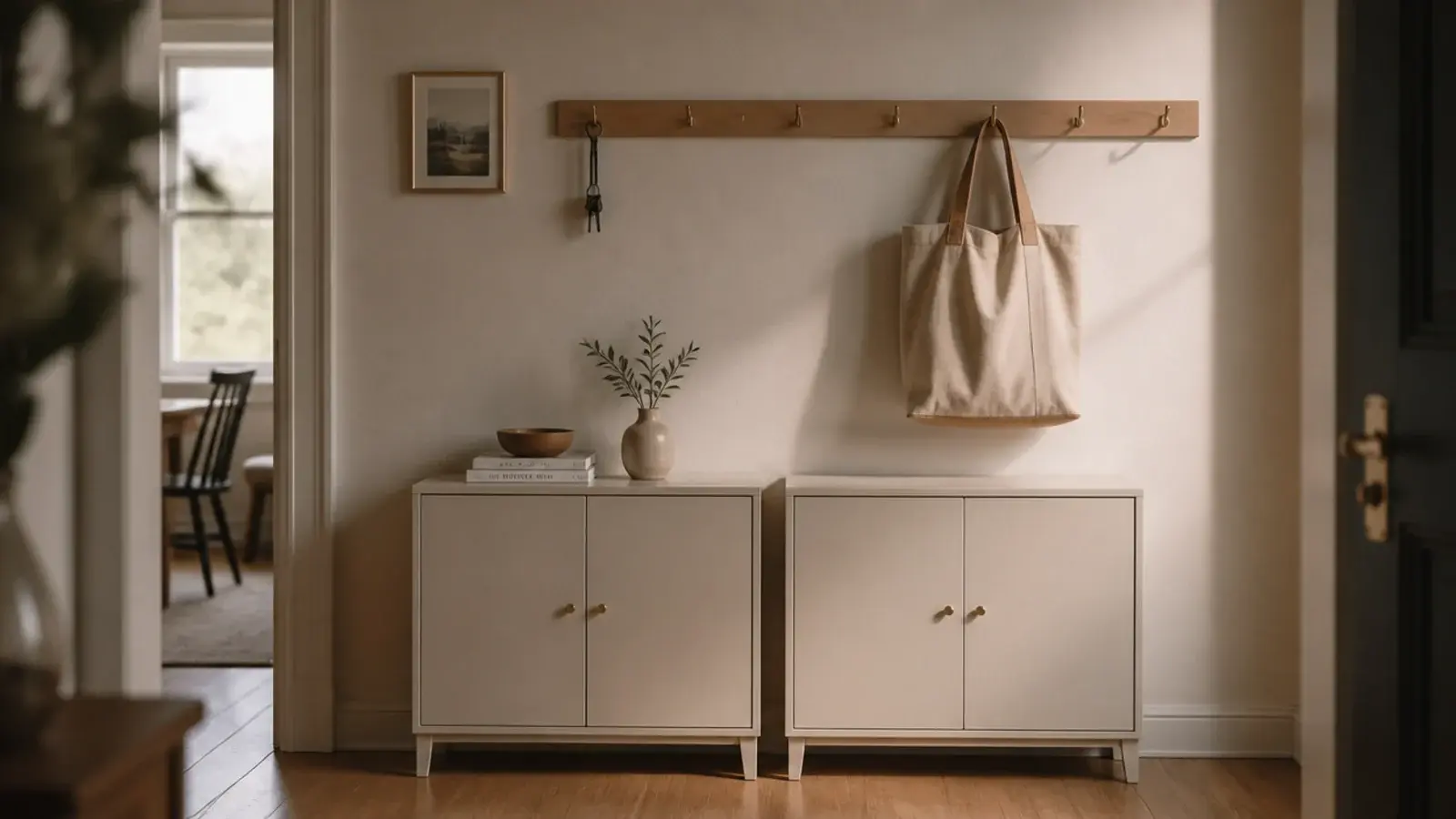 pair of shallow shoe cabinets sitting below a wall mounted coat rail