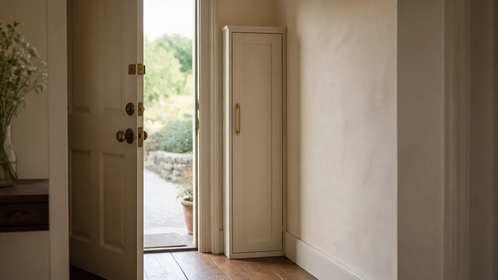 narrow shoe cabinet tucked into the wall space behind an open entry door