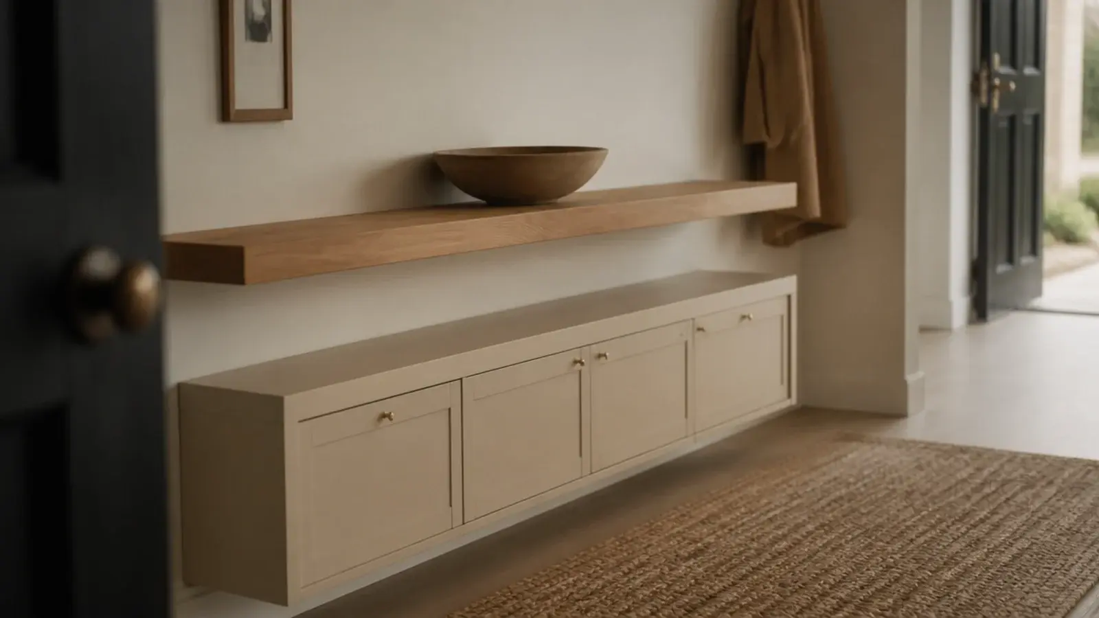 low shoe cabinet slotted beneath a floating entryway console shelf