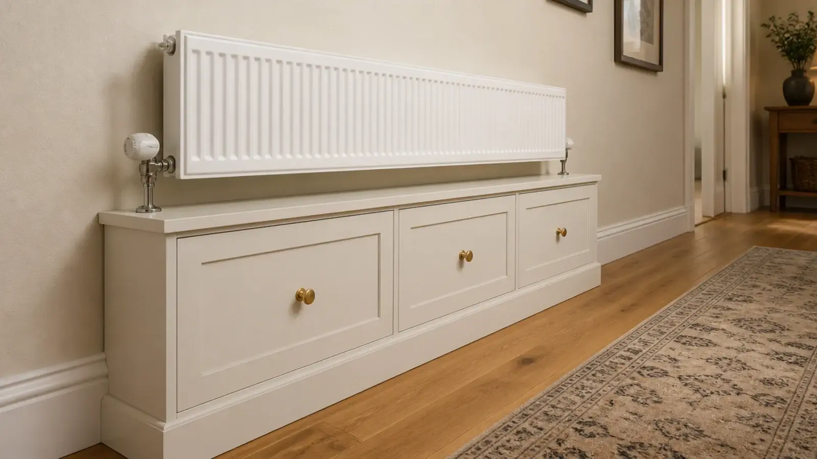 shallow shoe cabinet fitted into the gap under a hallway radiator
