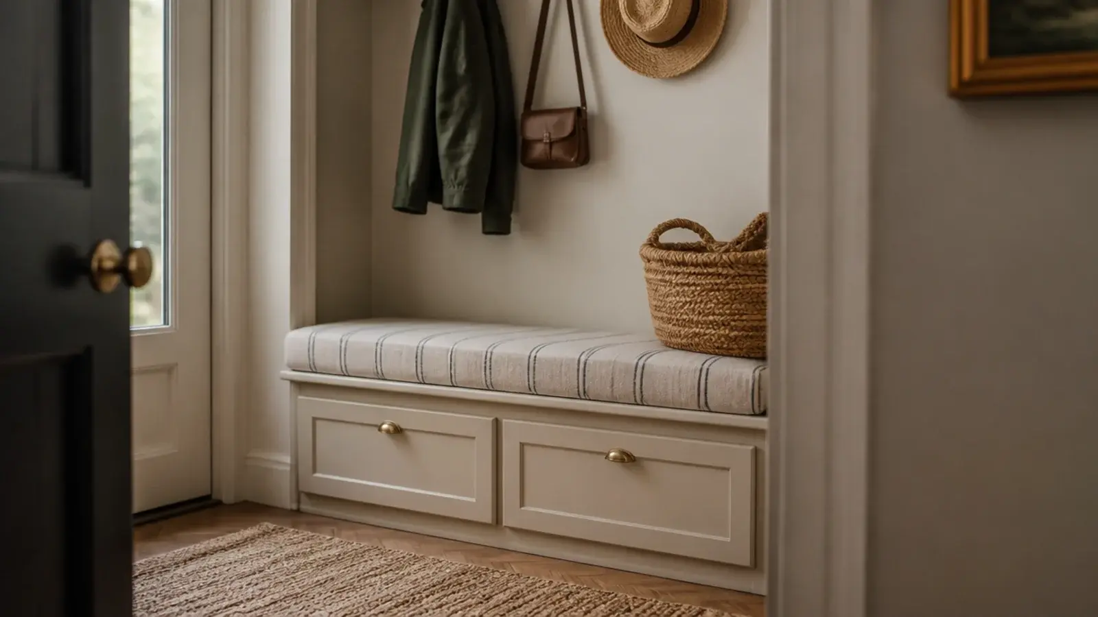 budget shoe cabinet bench with a cushion on top and closed doors below