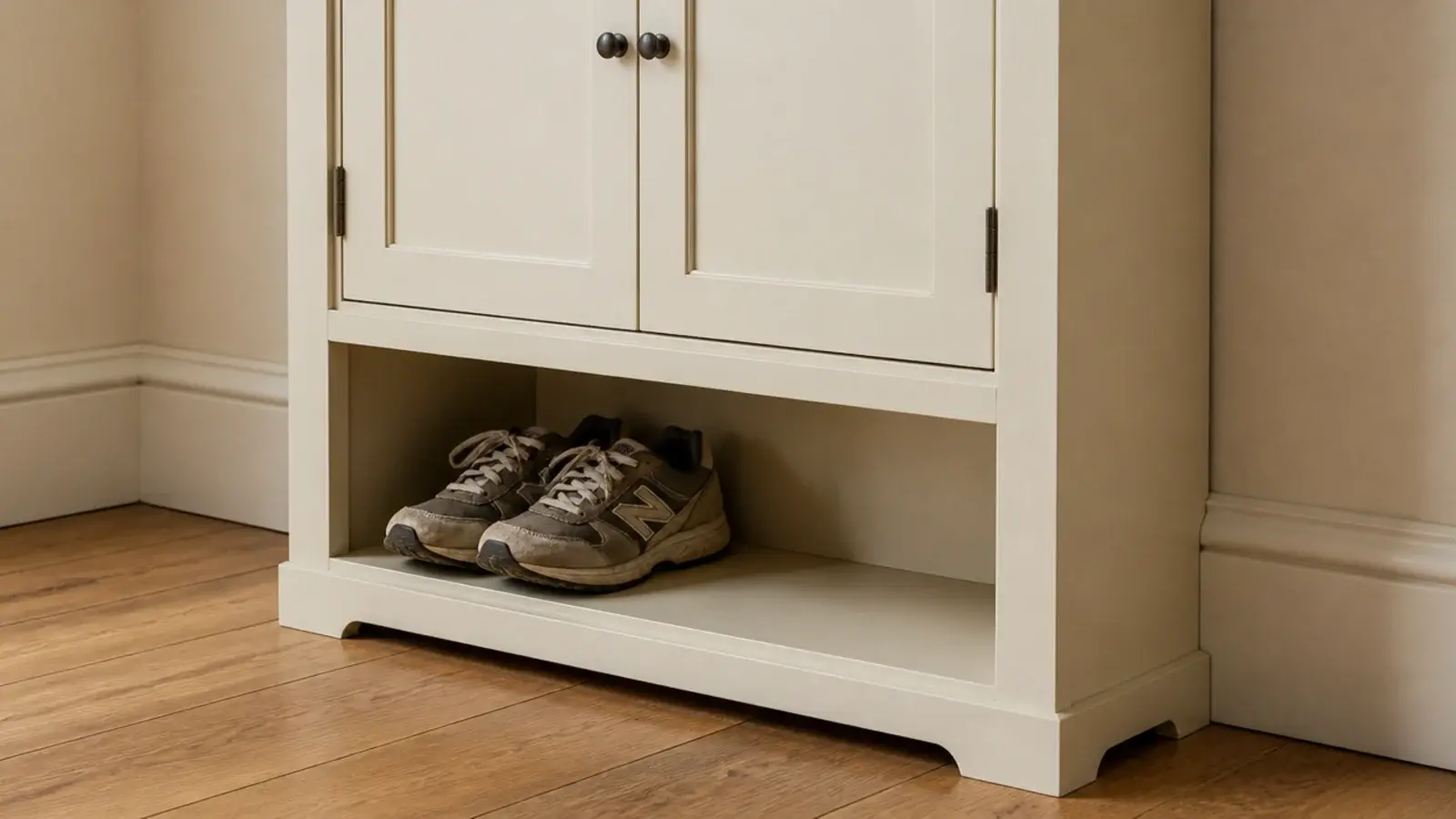 entryway shoe cabinet with one doorless bay holding everyday sneakers