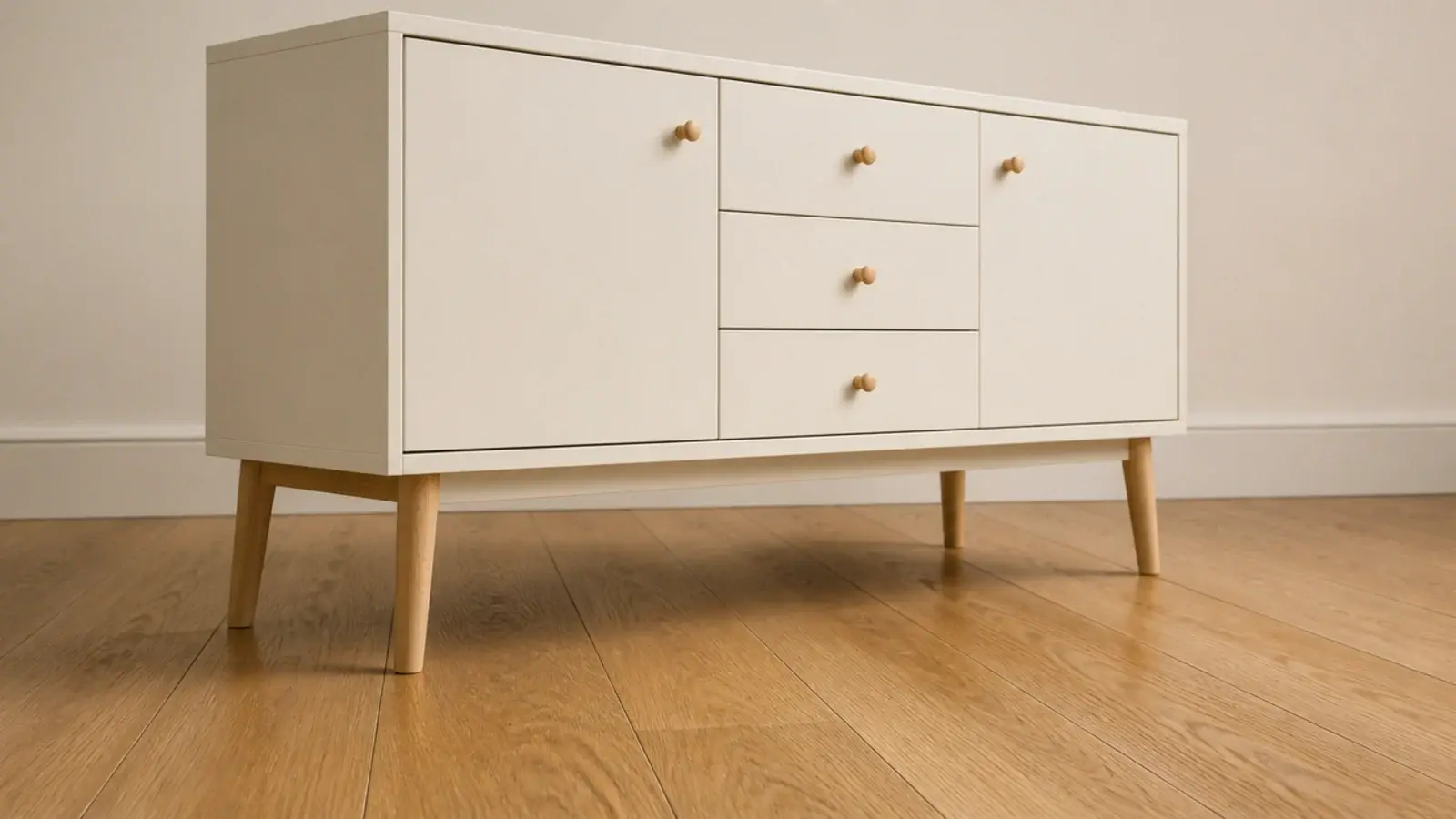 budget shoe cabinet raised on tapered legs above a clear hallway floor