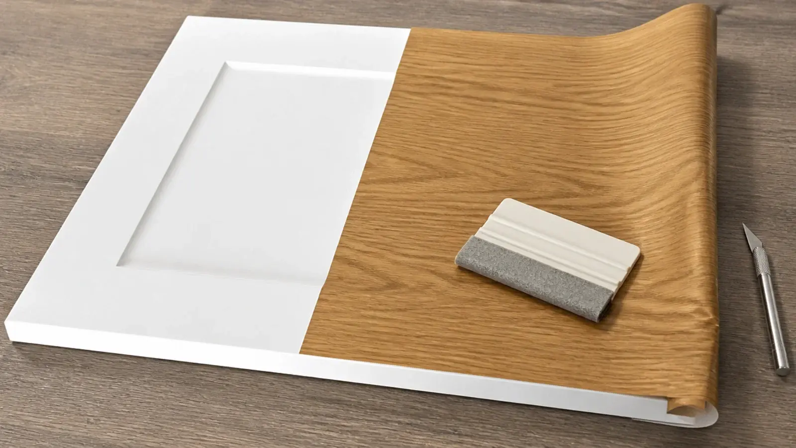 wood effect adhesive veneer being smoothed onto a plain cabinet door