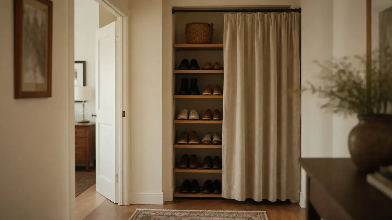 linen curtain on a tension rod covering open entryway shoe shelves