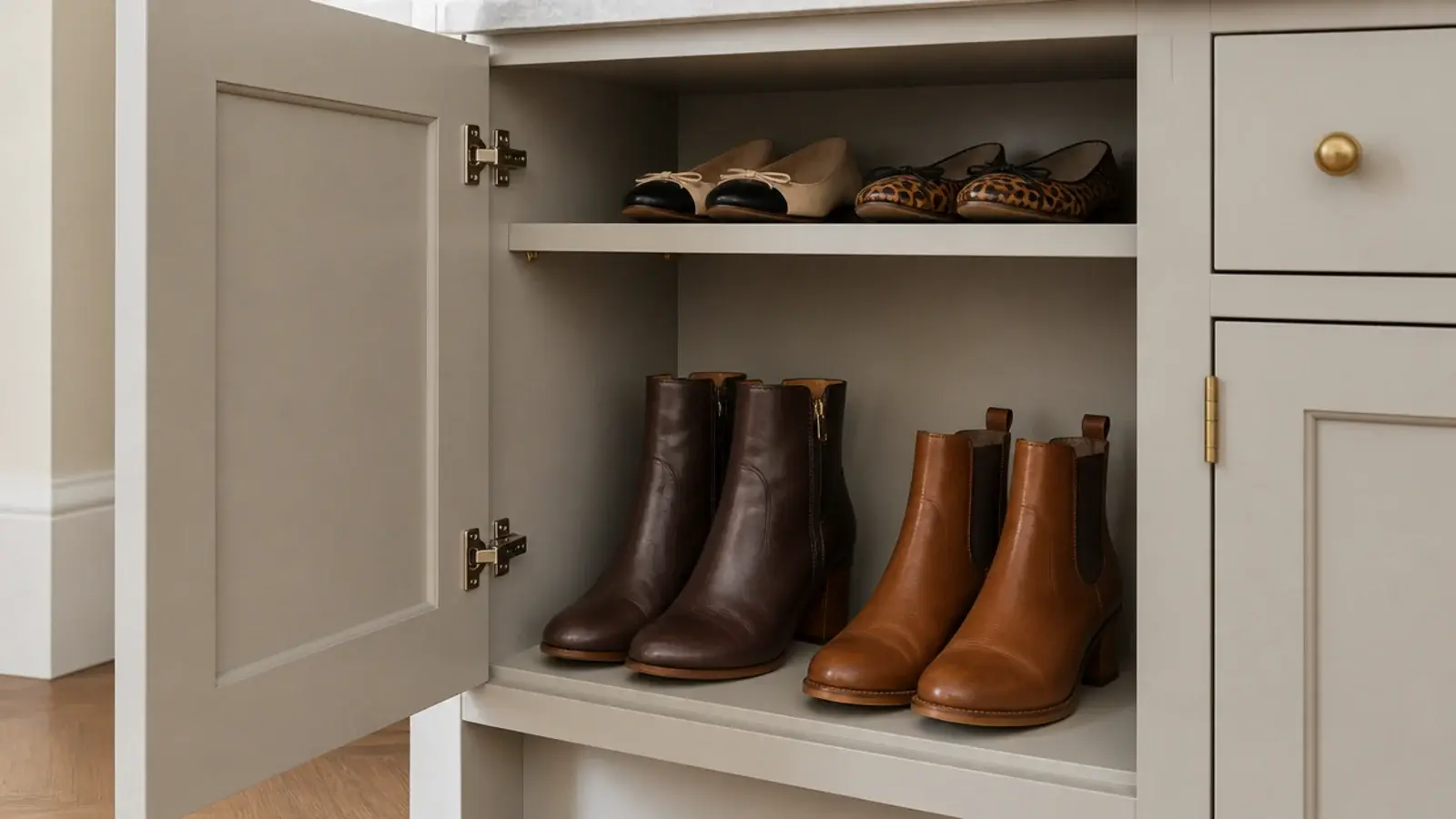 adjustable shelf lowered inside a shoe cabinet to make a tall boot bay