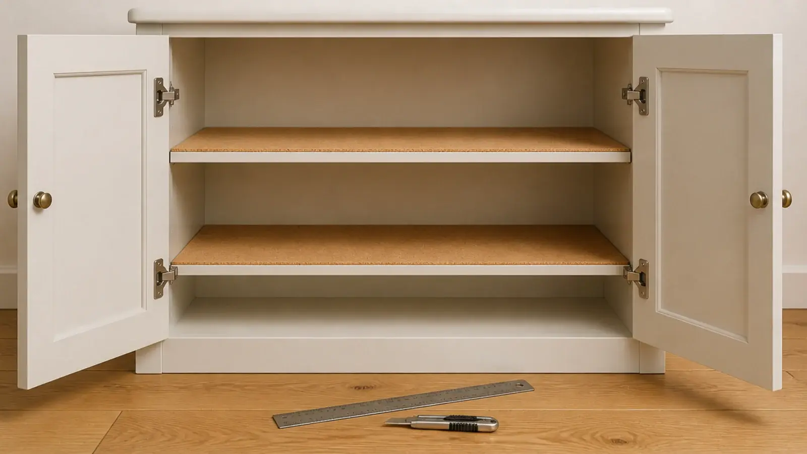 cork sheet liners cut to size inside the shelves of a shoe cabinet
