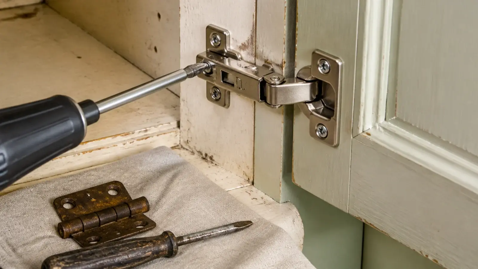 new soft close hinge being fitted to a secondhand wooden shoe cabinet