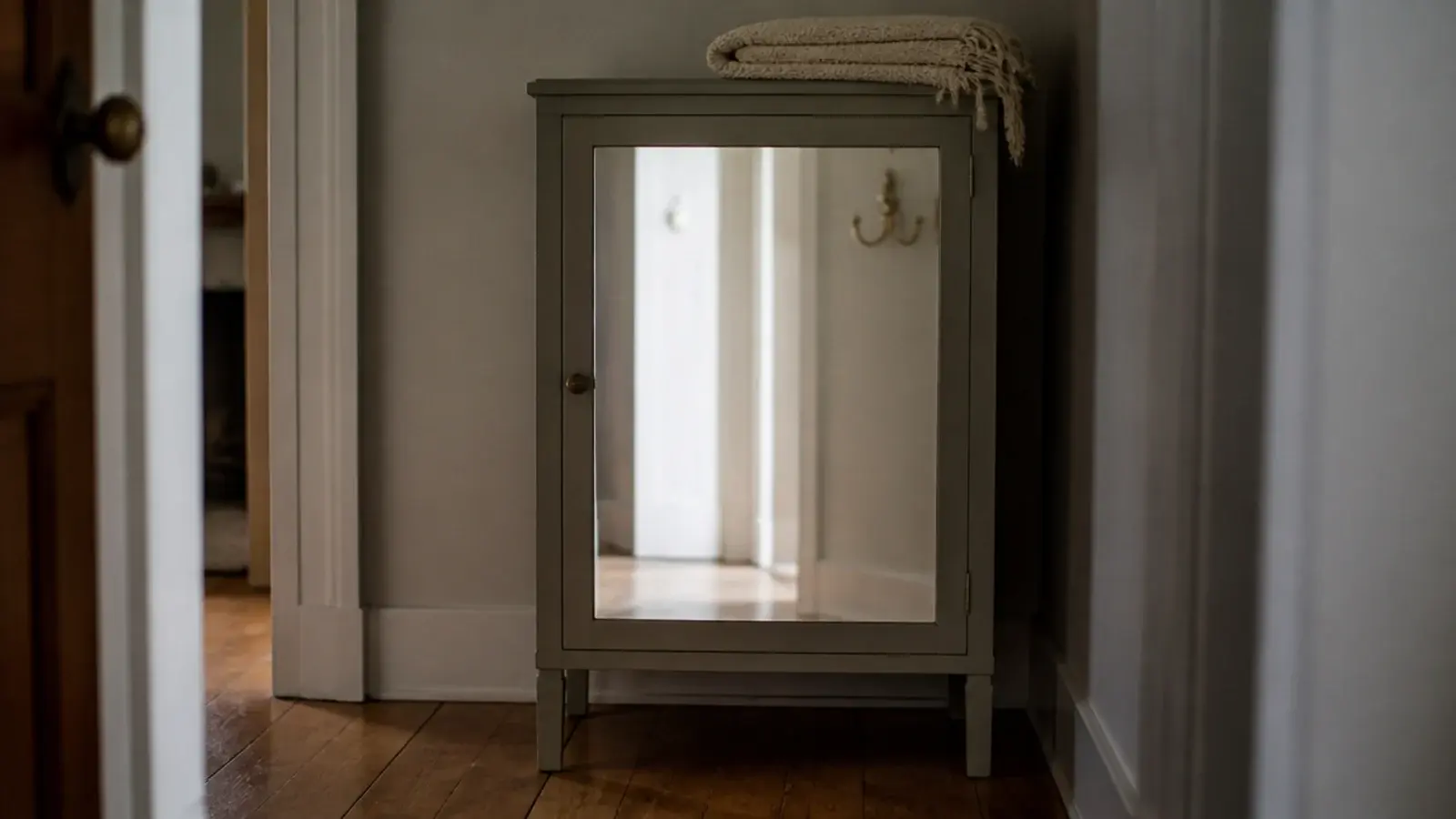 slim mirror panel fixed to the flat door of an entryway shoe cabinet