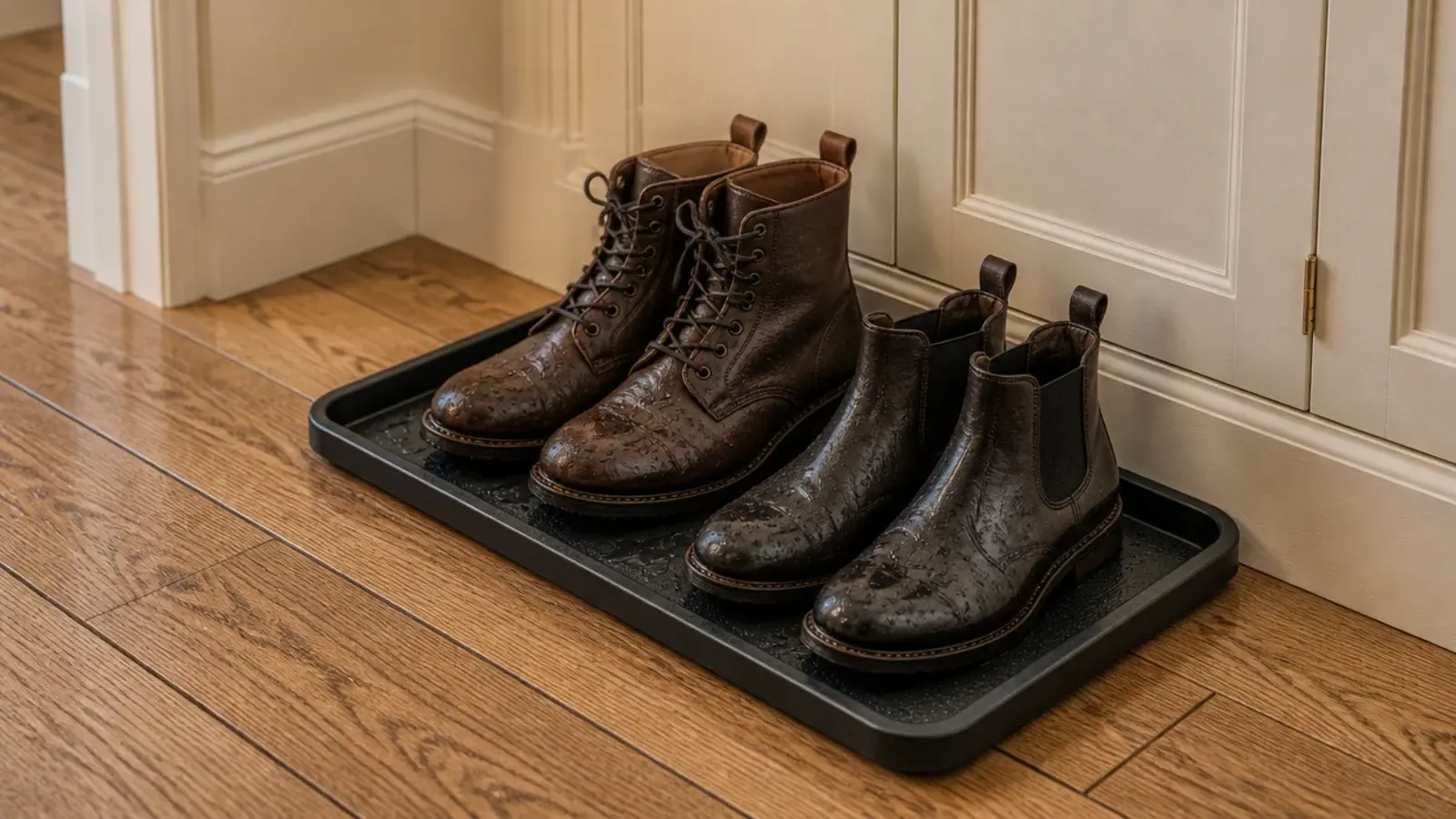 raised lip tray of damp boots on the floor beside a closed shoe cabinet