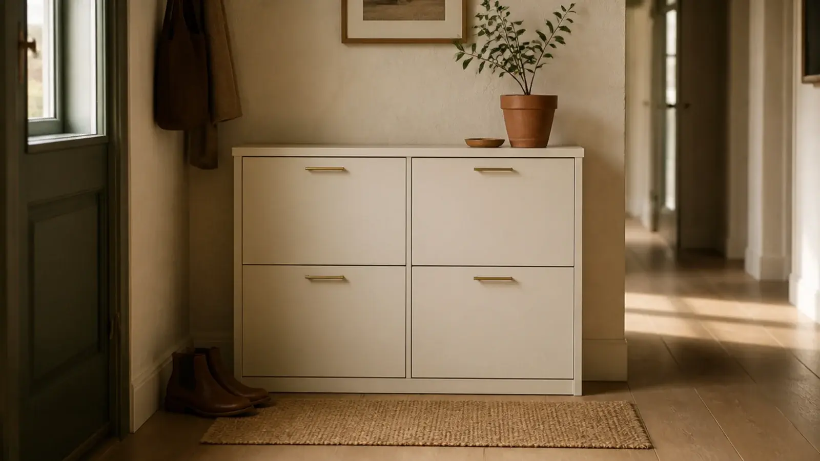 shallow entryway shoe cabinet in a small hall with brass pulls and jute mat