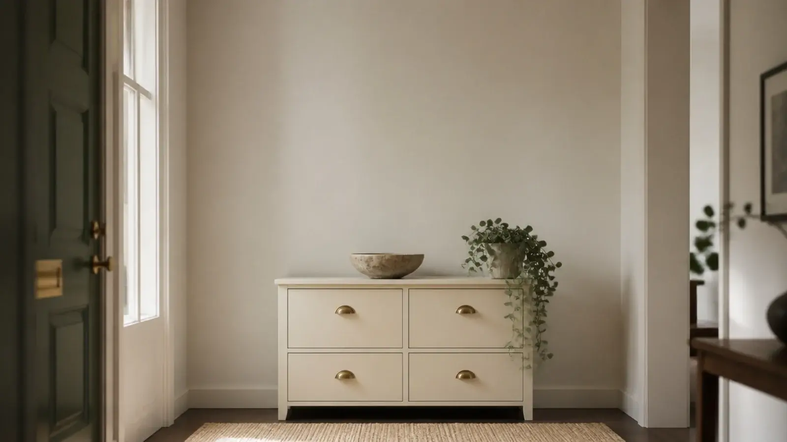 vertical small hallway view of a budget entryway shoe cabinet with plants