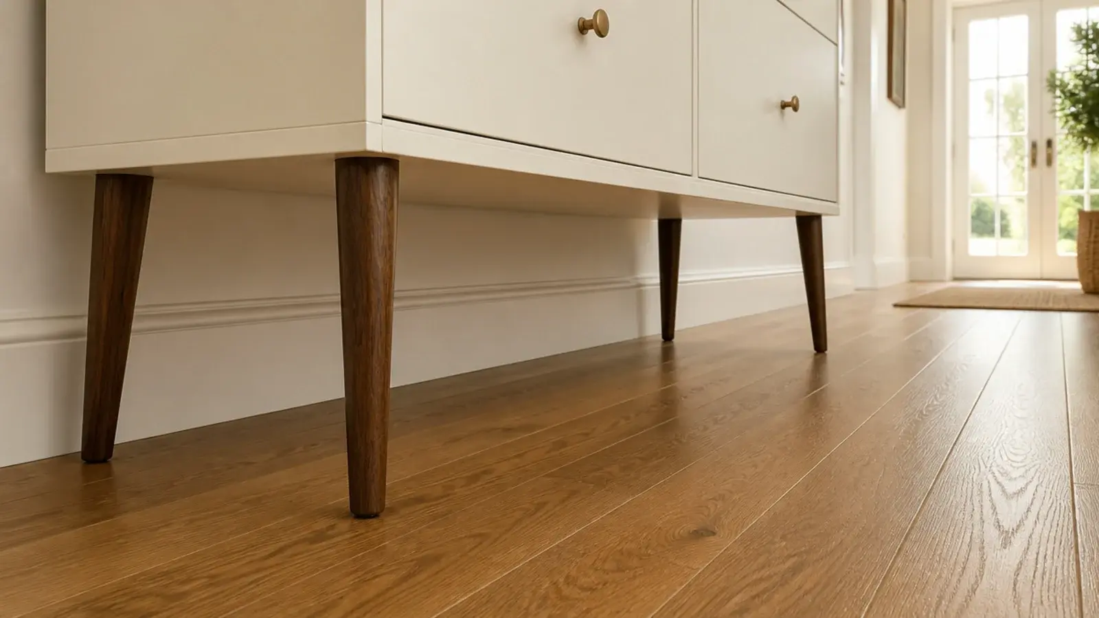 tapered walnut legs lifting a painted shoe cabinet off a hallway floor