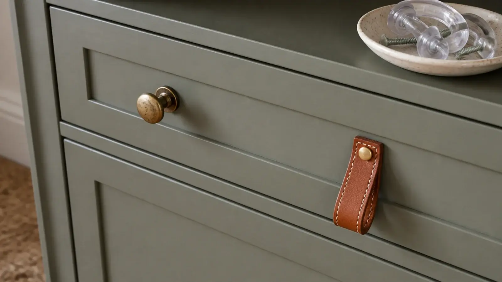 aged brass knobs and leather pulls fitted to painted shoe cabinet fronts